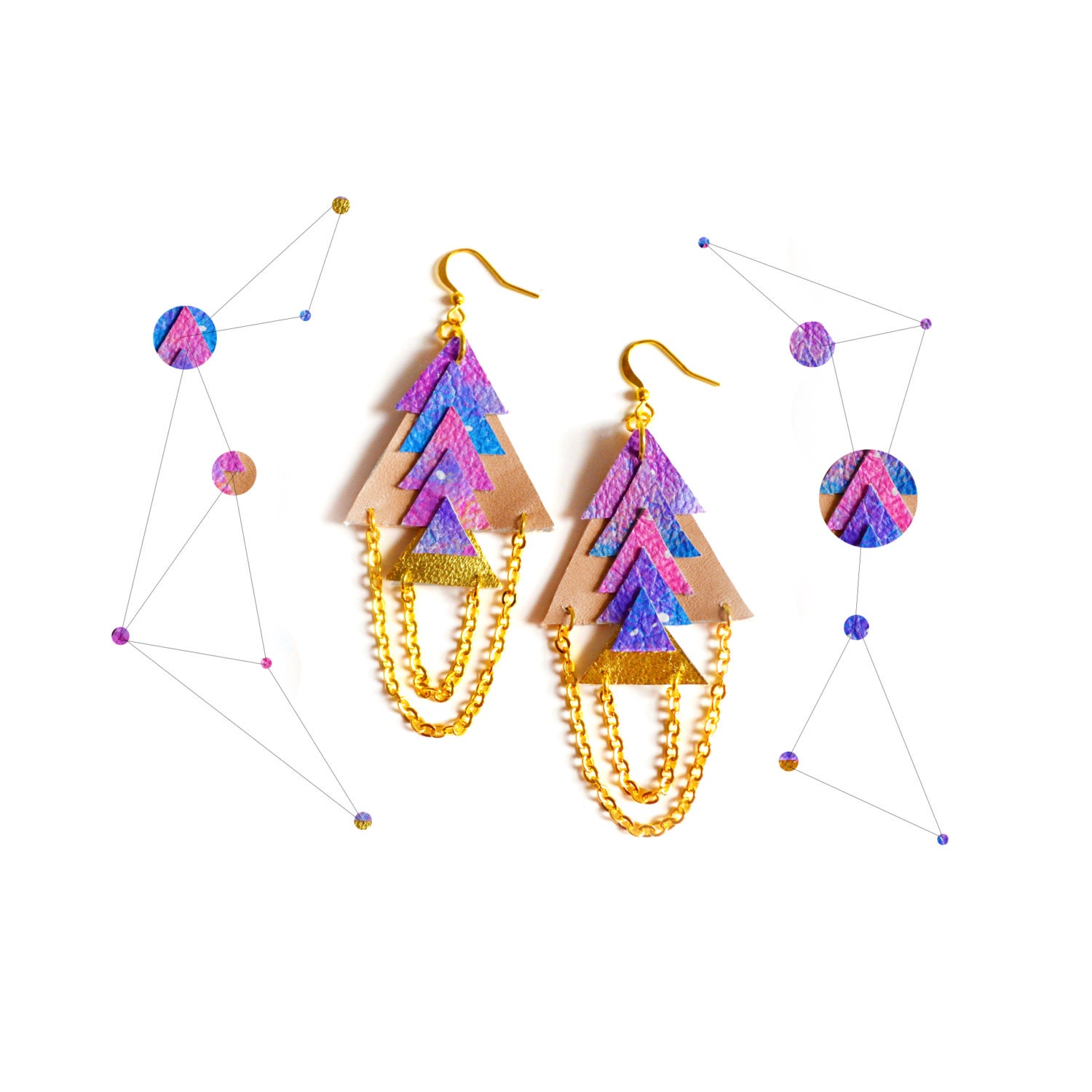 Triangle Leather Earrings, Chevron Earrings, Galaxy Ombre Jewelry, Geometric Jewelry