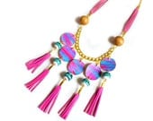 Neon Pink Fringe Statement Necklace Leather Tribal Tassels, Beaded Necklace, Geometric Statement Jewelry