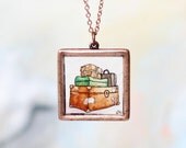 suitcases travel necklace, illustration art pendant, Traveling the World, jewelry explore necklace, ORIGINAL PAINTING