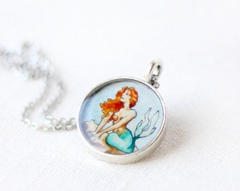 Little Mermaid necklace, illustration art pendant, mermaid jewelry, nautical nouveau LIMITED EDITION