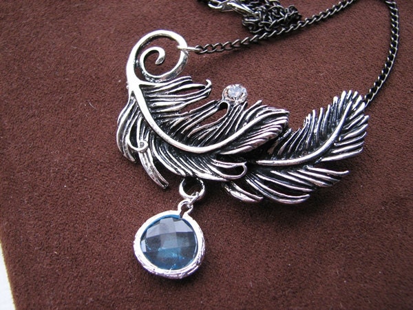 Sideways Feather Necklace Silver Aqua Drop