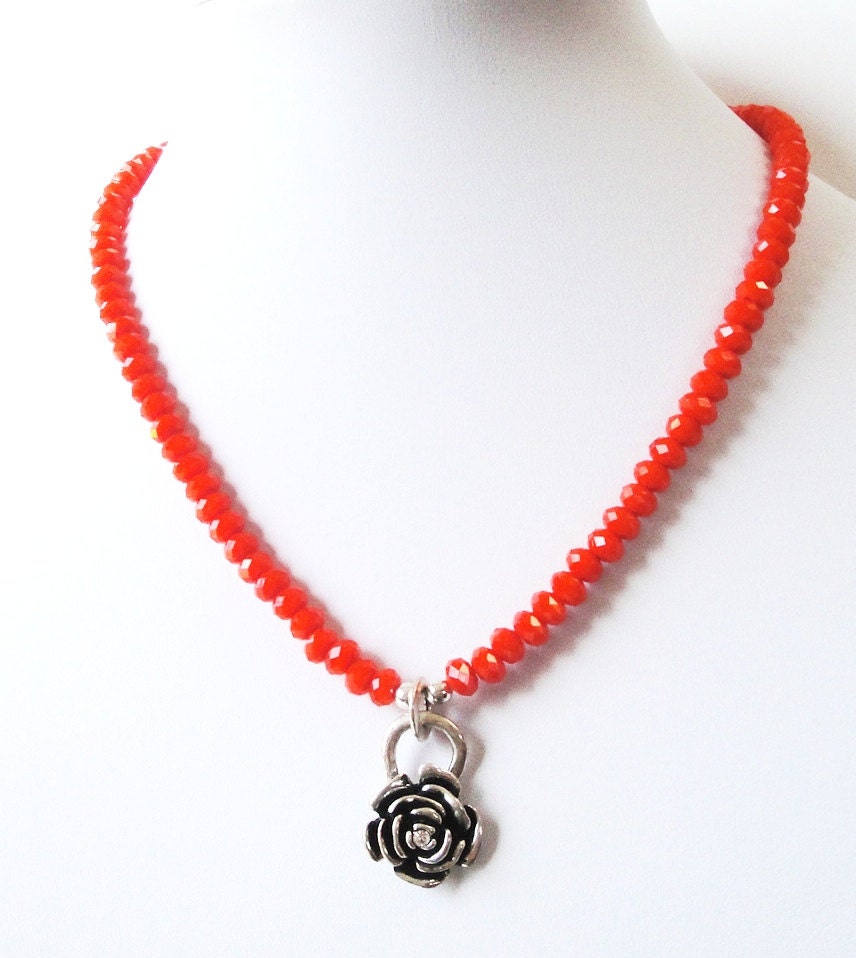 10% OFF Orange Crystal Silver Flower Pendant Necklace/ Orange Crystal Silver Flower Cascade Necklace, Mothers Day Gift