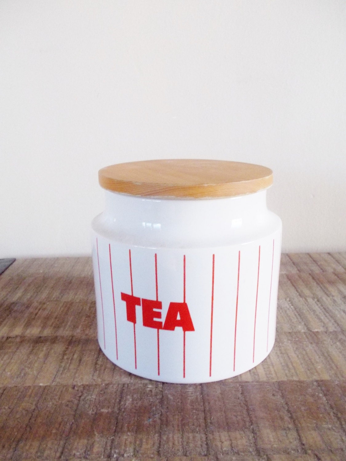 Vintage White and Red Striped Tea Canister