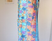 Vintage 60's Hawaiian Dress, Floral Shift Dress, Sleeveless, Tiki Style, Aqua, Purple, Peach, Women's Size Medium to Large