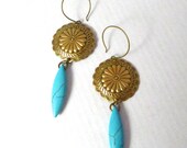 Vintage Concho with Turquoise Earrings, Southwestern Navajo Dangle Earrings, Handmade Jewelry