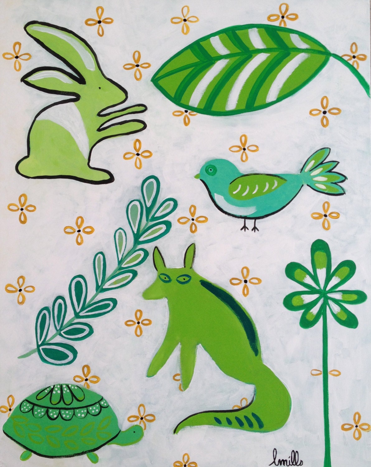 24x30" Las Animales Verdes- large original folk art green primitive Peruvian style animal canvas painting