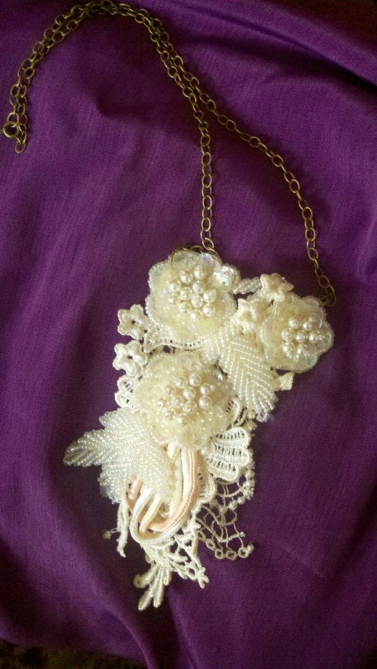 lace and metal "" upcycled fabric necklace