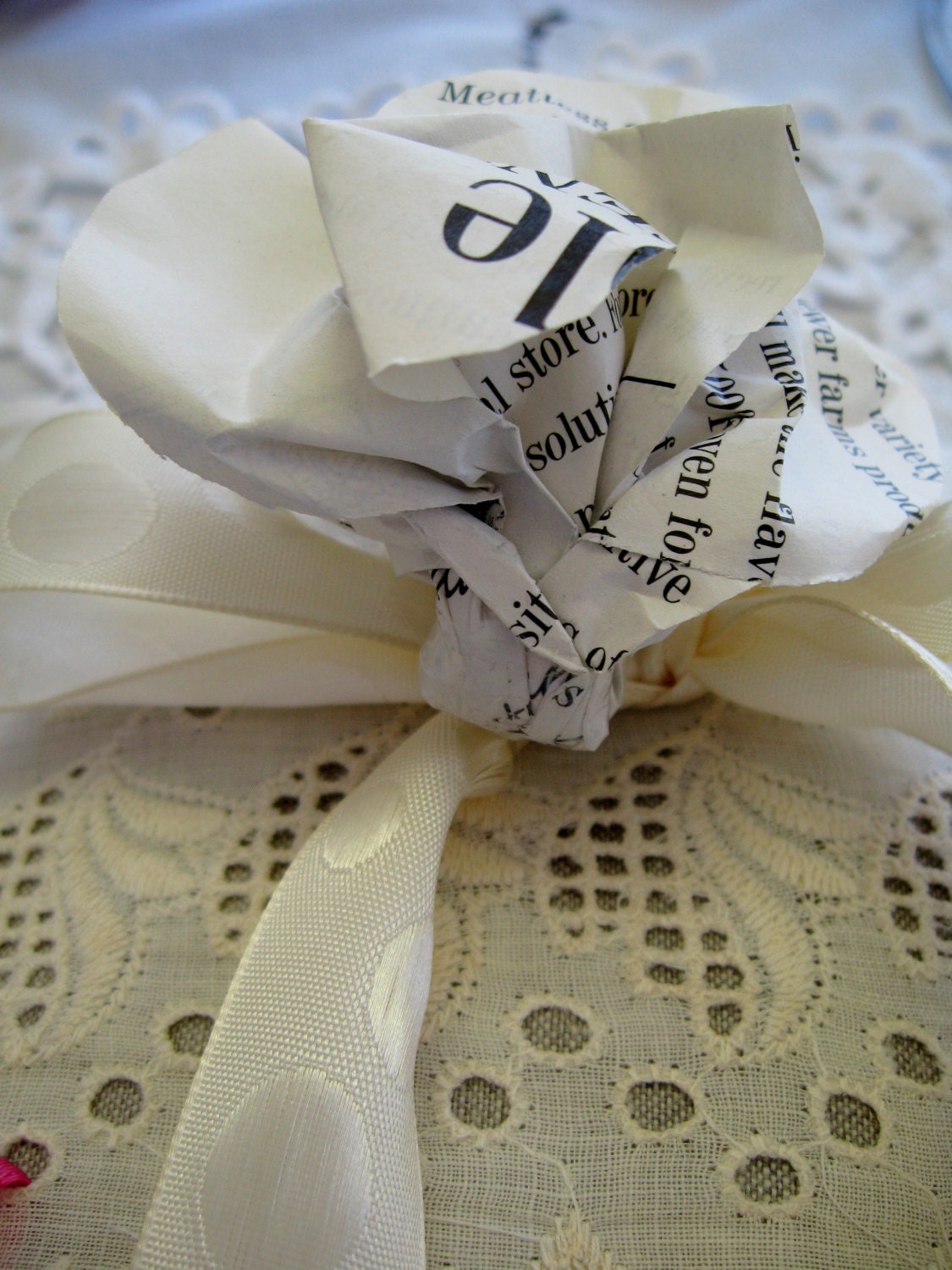 Handmade Shabby Chic Ring Bearer's Pillow Linen and Eyelet Lace Paper Flower Pin Satin Ribbon Bow