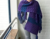 Hand Knit Stole, Large Shawl, Chunky Knit Stripe Wrap with Tassels - Purple and Navy Dark Blue