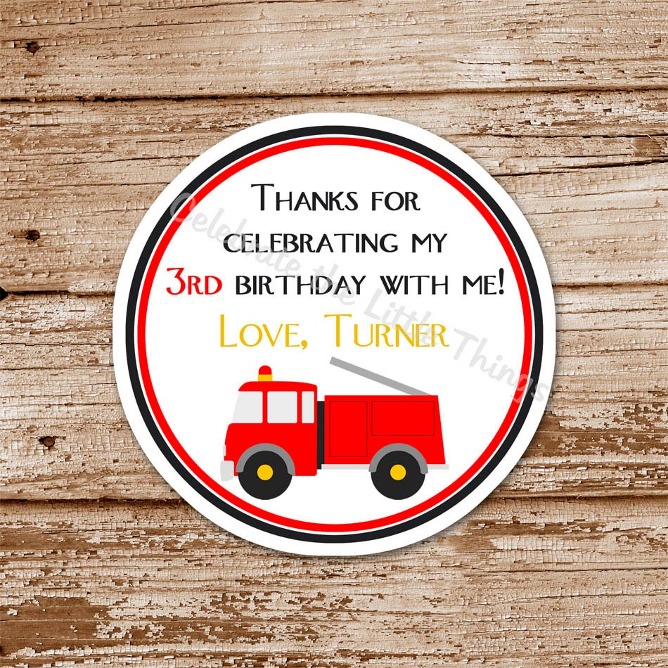 SET of 12 FIRE TRUCK Favor Tags or Stickers. : personalized Il_570xn