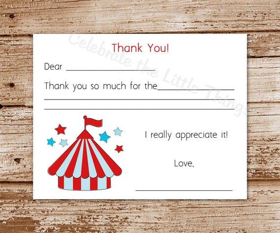 SET of 12 Kids Carnival, CIRCUS Fill-In Thank You Cards : circus tent Il_570xn