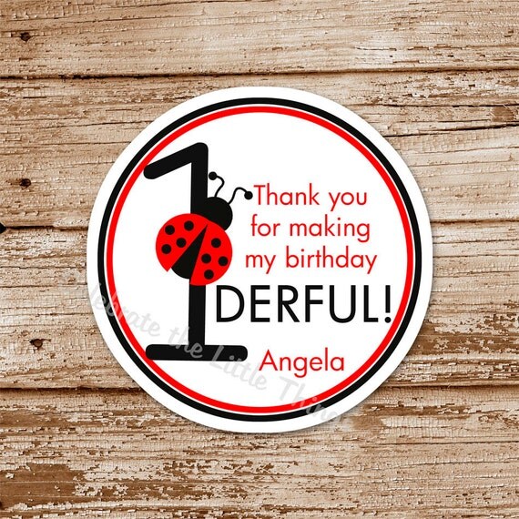 SET of 12 Classic LADYBUG Favor Tags, Stickers : red, black, personalized, any age Il_570xn