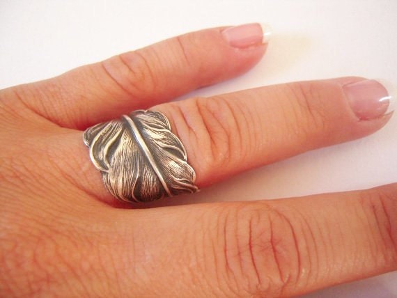 Steampunk Angel Feather Ring- Sterling Silver Finish- Adjustable- Feather Ring