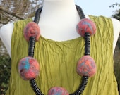 Orange turquoise blue black felted wool Lagenlook chunky statement necklace ... OOAK Art to Wear