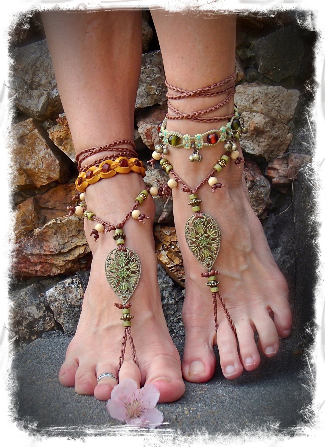 Woodland FAIRY BAREFOOT sandals Pea Green Tribal ANKLETS Gypsy Sandals Garden Wedding Filigree Teardrops Nature jewelry