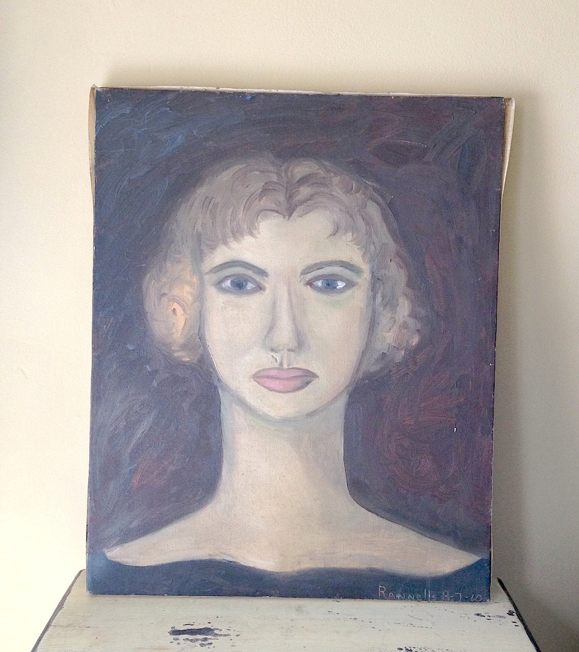 Vintage Painting Portrait Woman Female Girl 1960s Canvas Signed Mid Century Modern