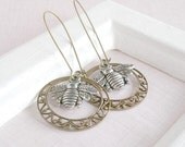Bumble Bee Earrings Antique Gold Brass Filigree Hoops Silver and Gold Mixed Metal Kidney Hook Dangle Vintage Style Fashion Jewelry