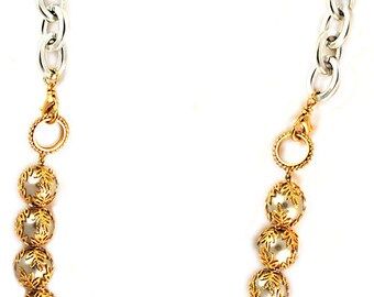 Pressed Czech Glass in Silver with Gold Bead Caps, Gold toggle and Silver Chain