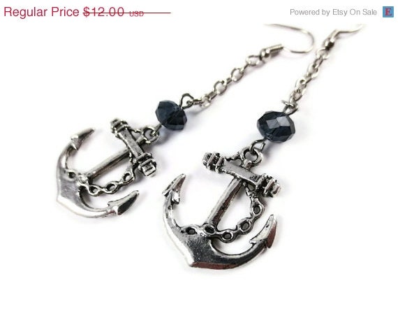 Spring SALE Anchors Away Dangle Earrings, Silver Anchor Earrings, Nautical Jewelry, Long Chain Earrings, Blue Crystal Earrings