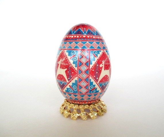 Blue and Red Pysanka, batik egg on Goose  egg shell, Ukrainian Easter egg, hand painted egg