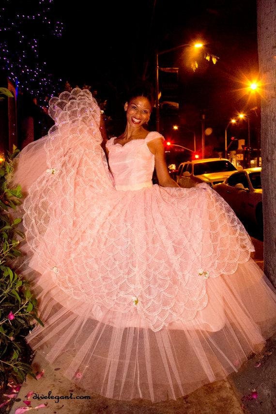 Vintage-1950s-Pink Tulle-Pink Lace-Pink Lace Apron-Formal Prom Pink Grown-vintage 50s pink organza & lace ballgown-S-4