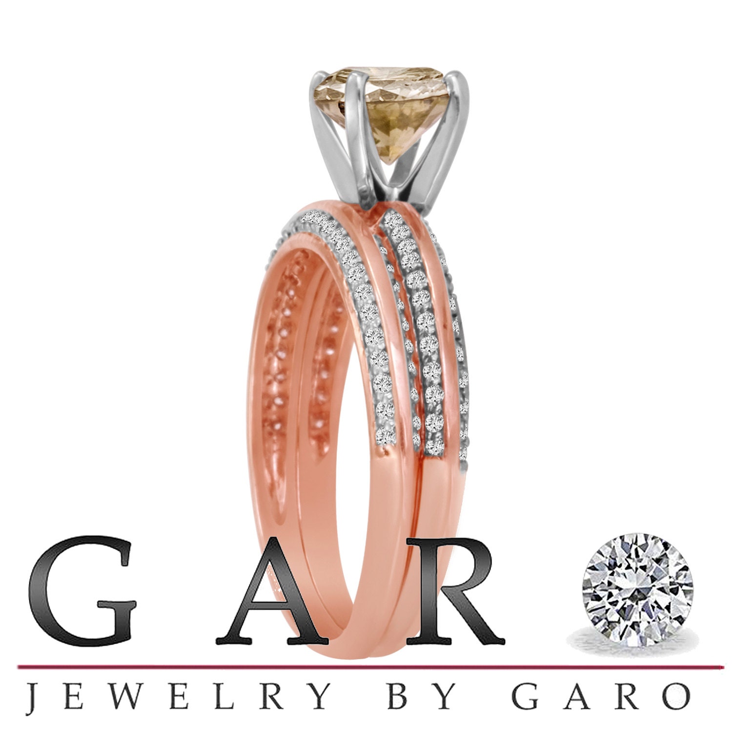 1.23 Carat 14K Rose Gold Natural Champagne & White Diamond Engagement Ring Wedding Anniversary Band Sets Micro Pave HandMade Bridal