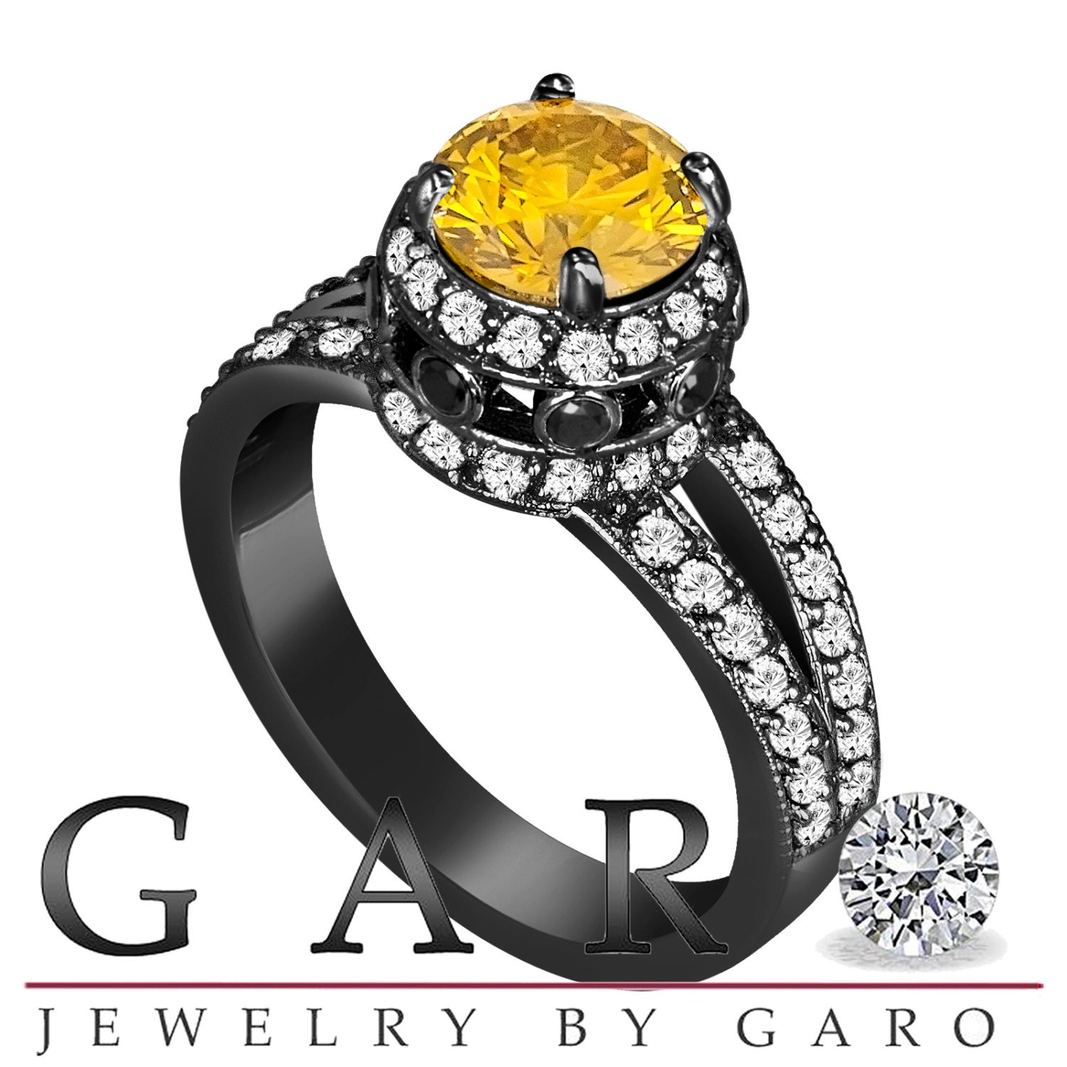 Unique 1.77 Carat Yellow & White And Black Diamond Engagement Ring Vintage Style 14K Black Gold Pave Set handmade Certified