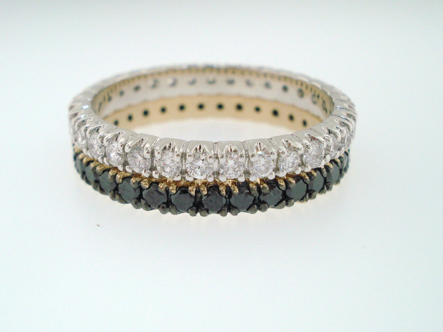 1.50 Carat 14k Yellow & White Gold Wedding and Anniversary Eternity Black And White Diamond Stackable 2 Bands handmade