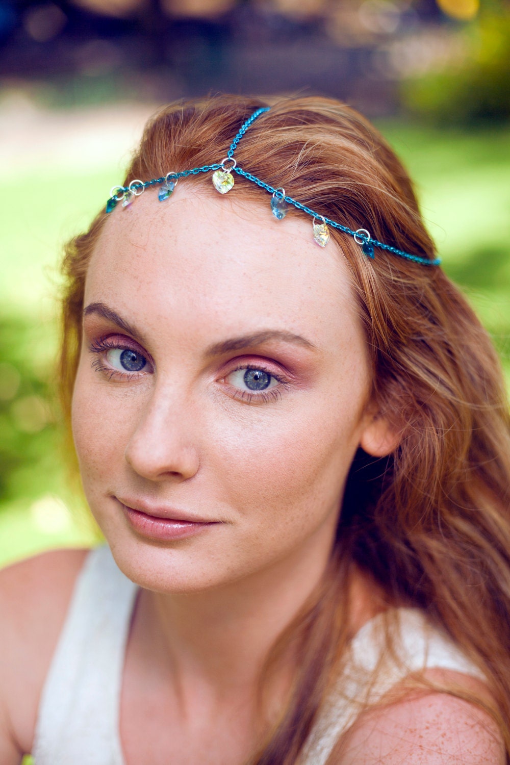 Chain Head Piece Chain Head Dress Hair Jewellery Goddess Inspired Triple Stranded Turquoise Blue Swarovski Heart Head Chain Head Piece