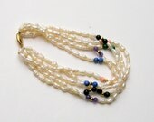 14K Gold Freshwater Pearl Bracelet Lapis Malachite Amethyst Coral Onyx Gold Beads 5 Strand 8.5 Inches for Ankle or Larger Wrist
