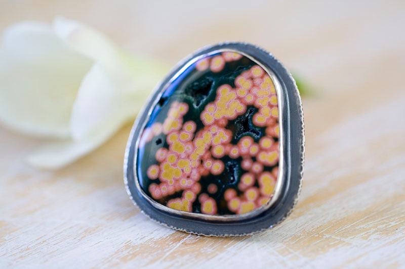 Ocean Jasper Ring Green Drusy Sterling Silver Cocktail Ring - Size 8 - When The Tide Comes In