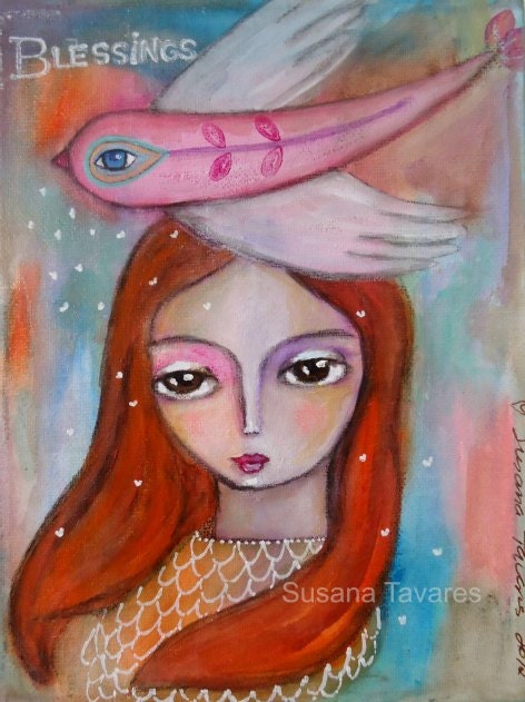 Blessings - girl and bird Fine art mixed media Print 8 x 10 inch