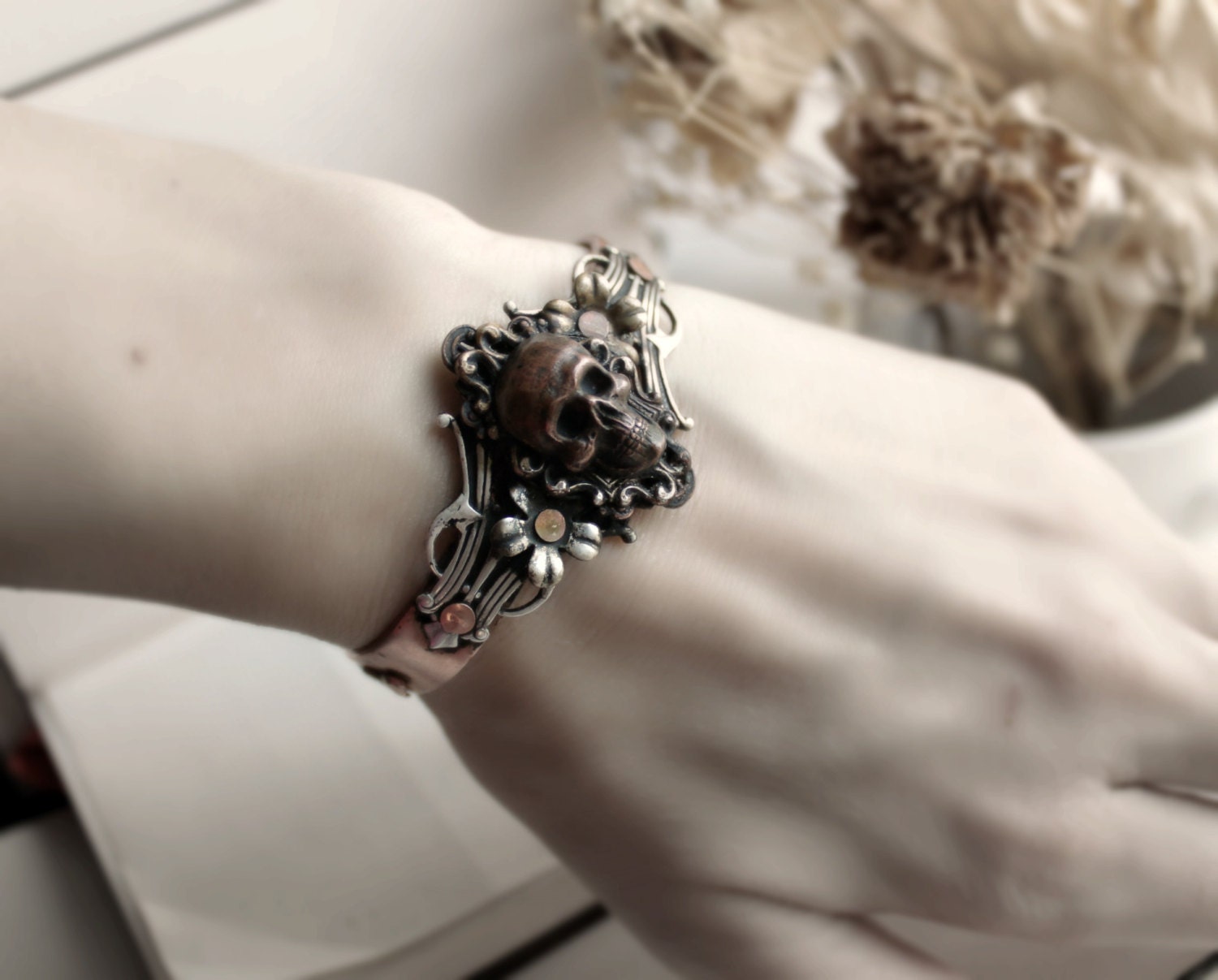 Shakespearean Aged Silver & Copper Cuff - Hamlet - Skull - Death - Steampunk - Gothic - Fantasy - Nature - Spring - Summer
