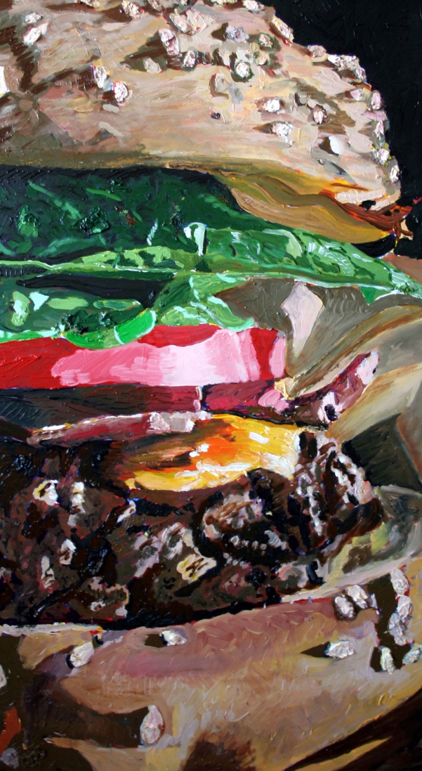 Hamburger Art Print - Food Painting 8" x 15"