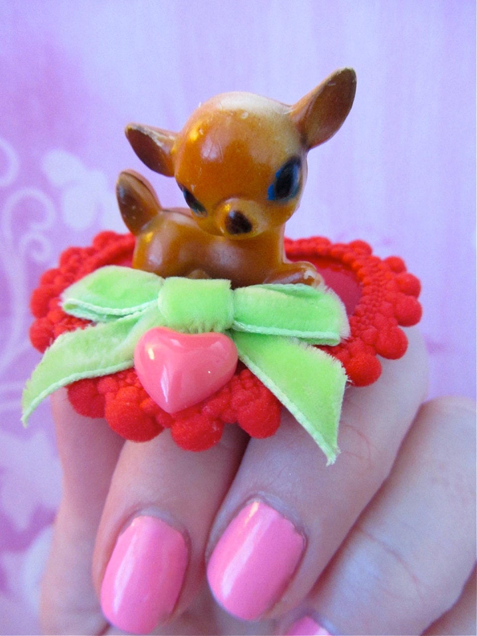 Vintage Baby Doe Red Heart and Velvet Bow Adjustable Ring
