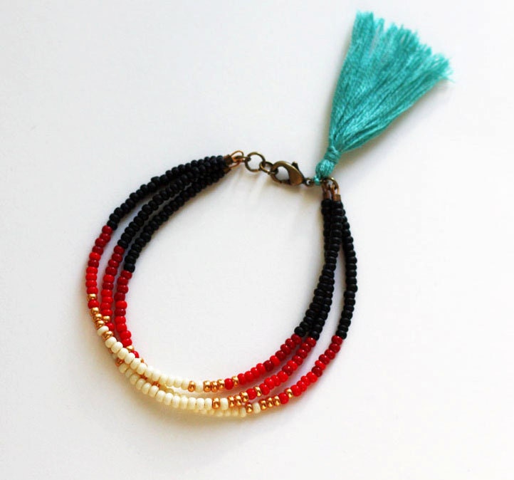 Beaded Tribal Bracelet - Layering Bracelet - Bracelet with Teal Tassel - Multi Strand Braceletf
