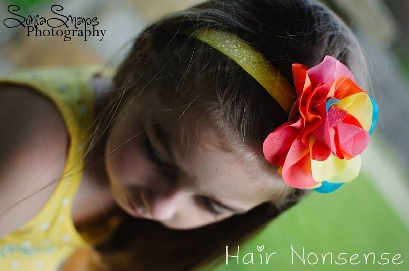 Neon Puff Flower with Yellow Glitter Elastic Baby Headband - Newborn Infant Girl Teen Adult Headband - Photo Prop