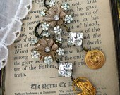 Lilies of the Valley, Vintage Enamel Flower, Rhinestone and Vintage Medal Assemblage Earrings