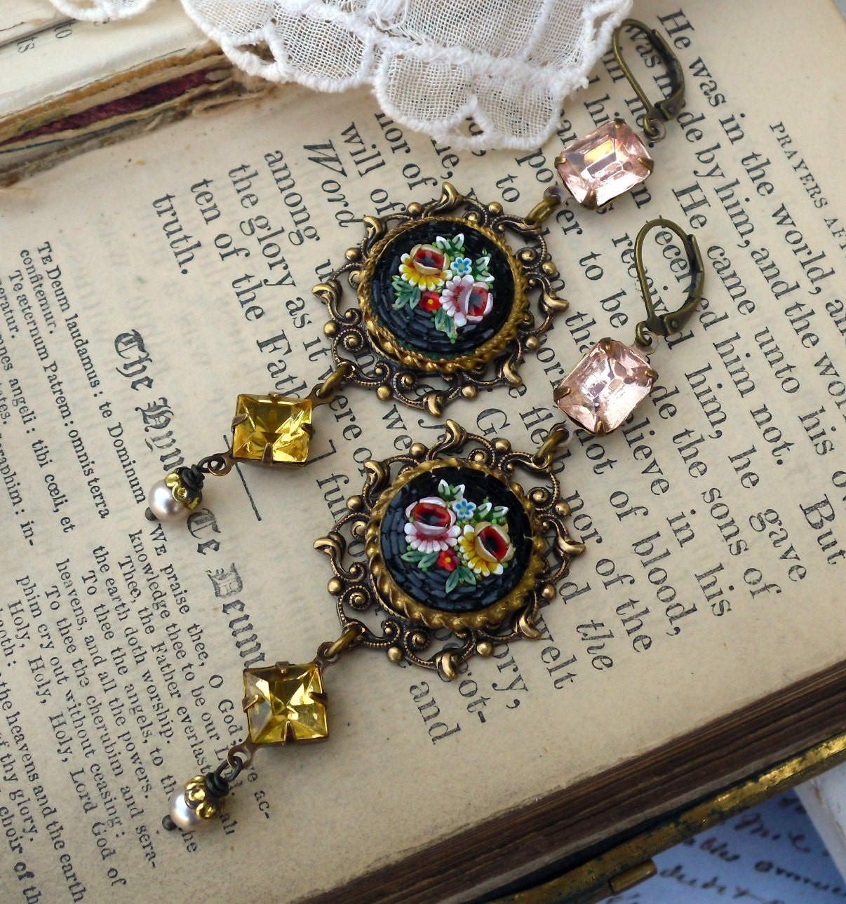 A Dance with Caesar, 1940s Vintage Italian Glass Micro Mosaic and Vintage Rhinestone Assemblage Earrings