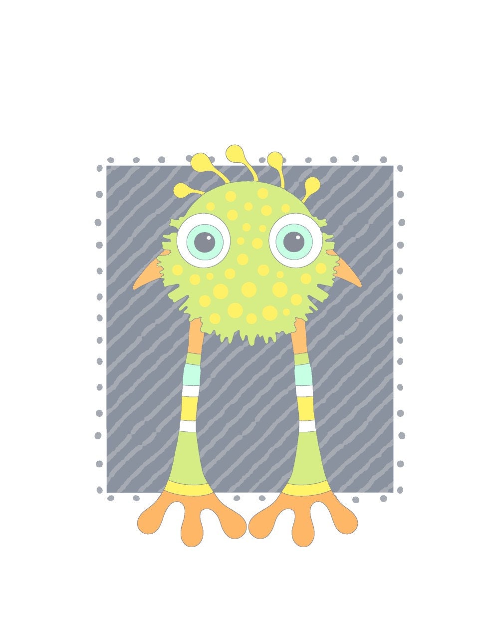 Monster art print, sci fi art, kids room, outer space creature, science fiction, children, green, gray, 46