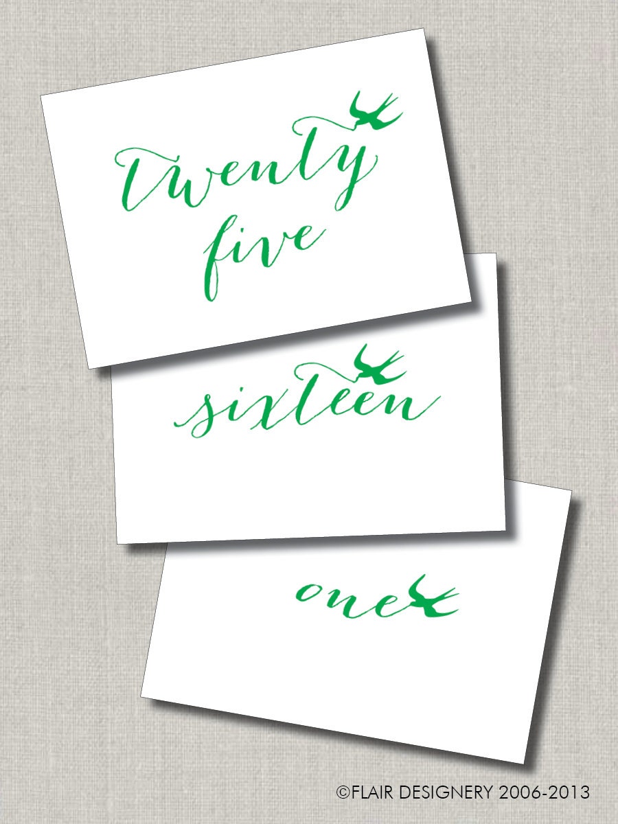 Swanky Script PRINTED Set of 25 Table Numbers by Flair Designery