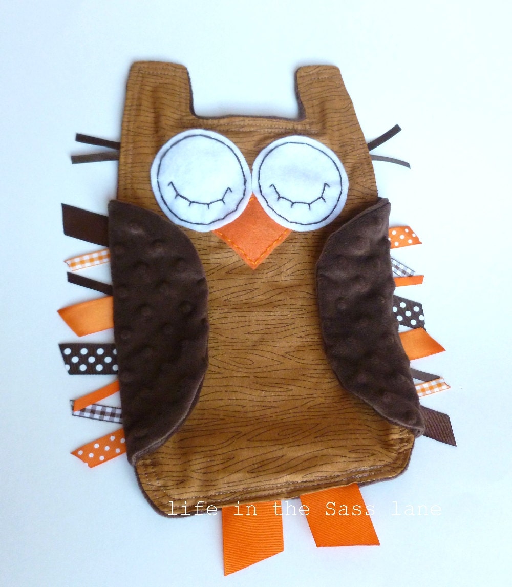 Woodland OWL in Faux Bois Woodgrain Print with Chocolate Brown Minky Fabric Ribbon Tag Blankie Blanket Lovey Lovie Baby Gift