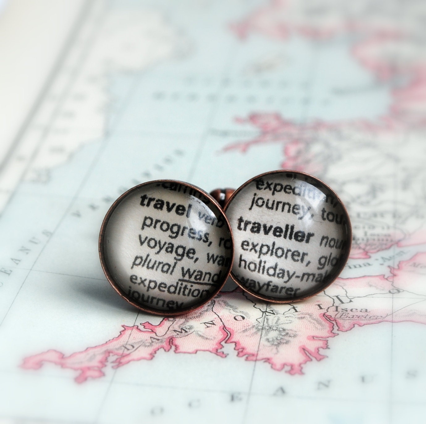 World Traveller Cuff-links Dictionary Text Vintage Copper