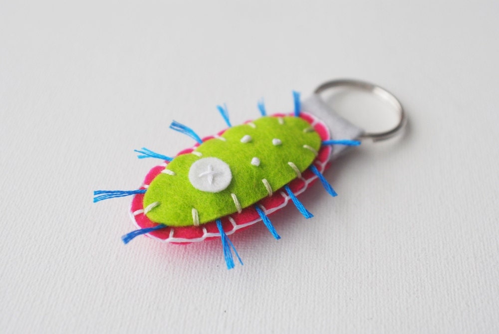 Paramecium Science Keychain - Wool Felt Microbe Key Fob in Hot Pink and Lime Green - Microbiology Biology