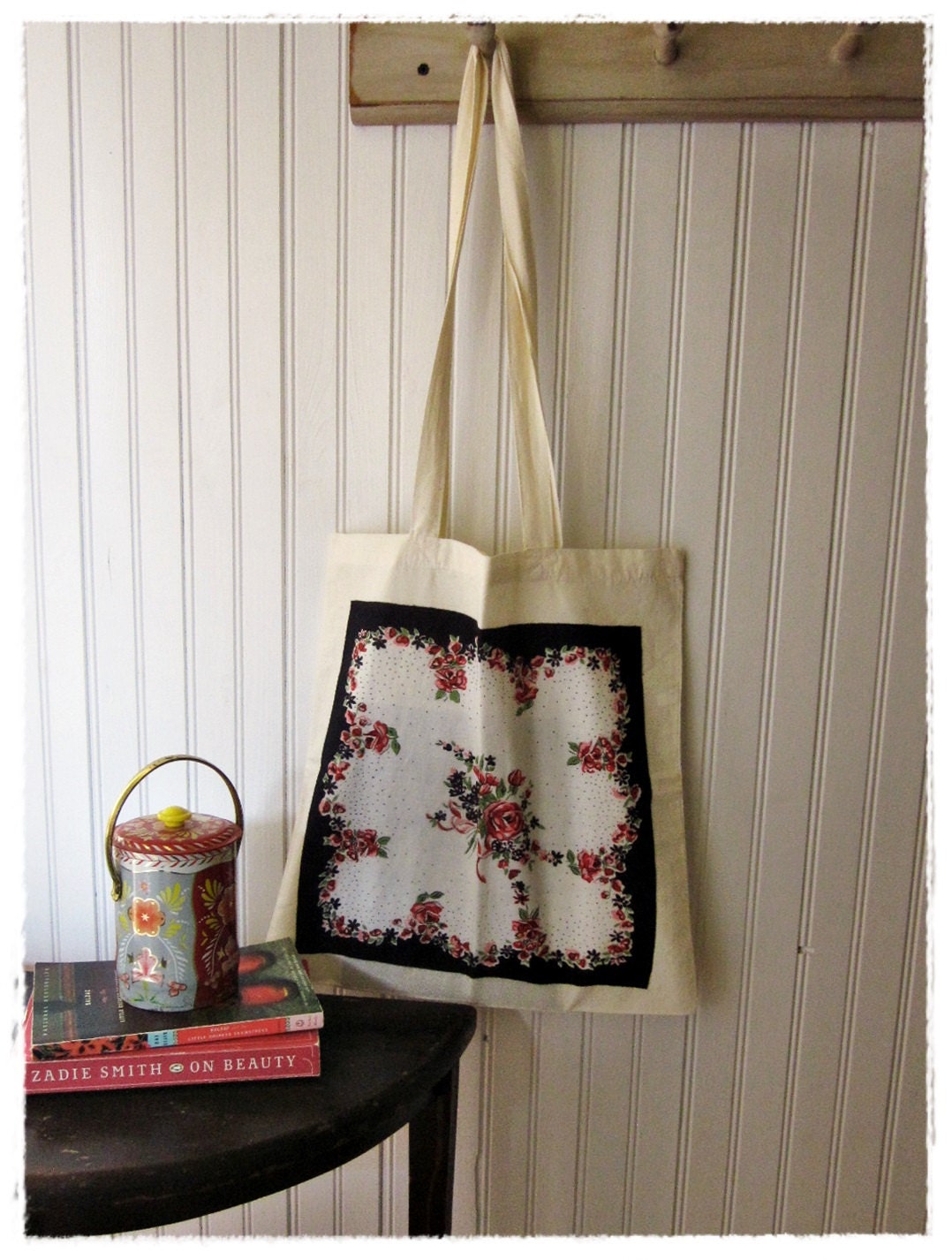 Vintage Hankie Tote Bag, Floral Market Bag, Eco Friendly Reusable Cotton Tote,Retro, Granny Chic, Beach, Book Bag, Re