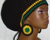 Jamaican Trimmed Crochet Rasta Tam with Earrings and Drewstring  Black Yellow Green