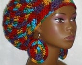Fiesta  Rasta Tam and Earrings with Drawstring Dreadlocks Red Purple Gold Turquoise Green