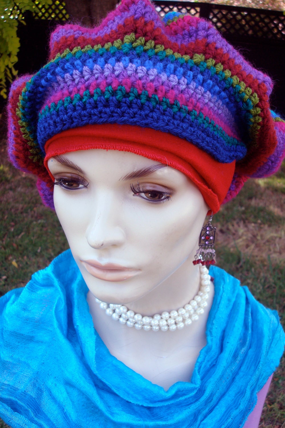 Womens hat Woollen Crochet Slouch Beanie Tam Beret muticoloured headwear Boho chic