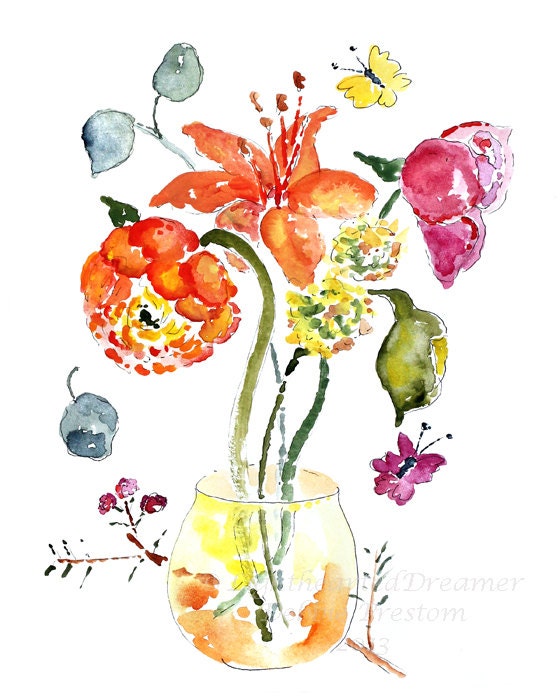 Flower Watercolor Painting, Spring Decor, Flower art print, colorful art, office art, office decor  - Keeping Berry Citrus Spring