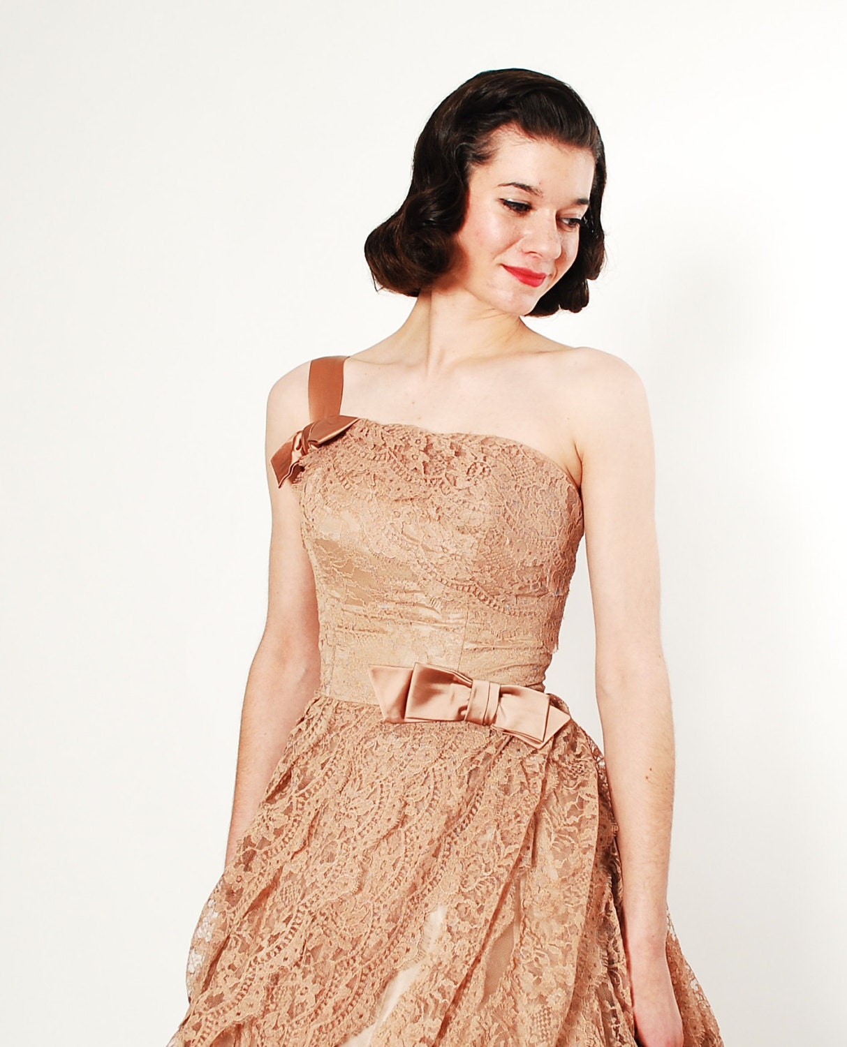 Vintage 1950s Dress - 50s Party Dress - One Shoulder Latte Lace